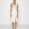 Embroidered V Neck Rose Midi - Day Dress - White Floral
