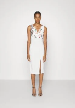 Embroidered V Neck Rose Midi - Day Dress - White Floral