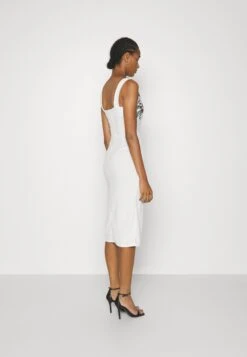 Embroidered V Neck Rose Midi - Day Dress - White Floral -Wal G 214d41cafff14840996936a3fea5c7ef