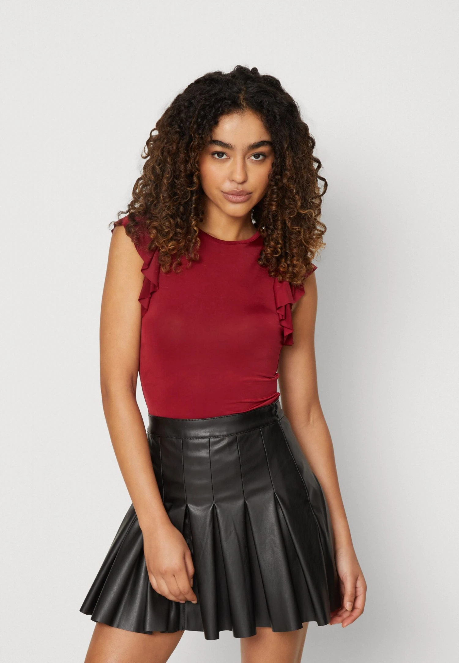 Wal G Ben Ruffle Bodysuit - Print T-Shirt - Burgundy 1 Wal G Ben Ruffle Bodysuit - Print T-Shirt - Burgundy