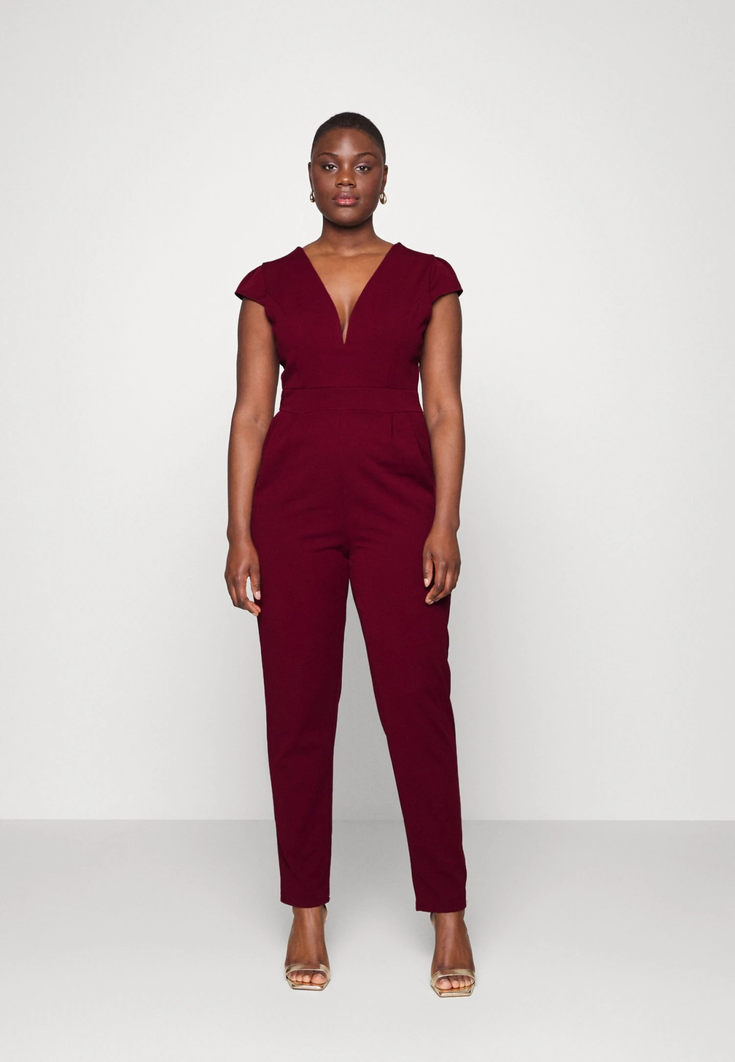 Curve Short Sleeve Plunge Jumpsuit - Jumpsuit - Wine 1 Curve Short Sleeve Plunge Jumpsuit - Jumpsuit - Wine