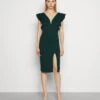 Wal G V Neck Ruffle Sleeve Midi Dress - Cocktail Dress / Party Dress - Forest Green/Beige