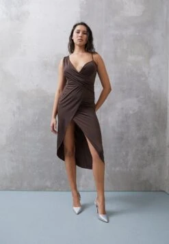 Wal G Party Luna One Sleeve Midi - Cocktail Dress / Party Dress - Chocolate Brown