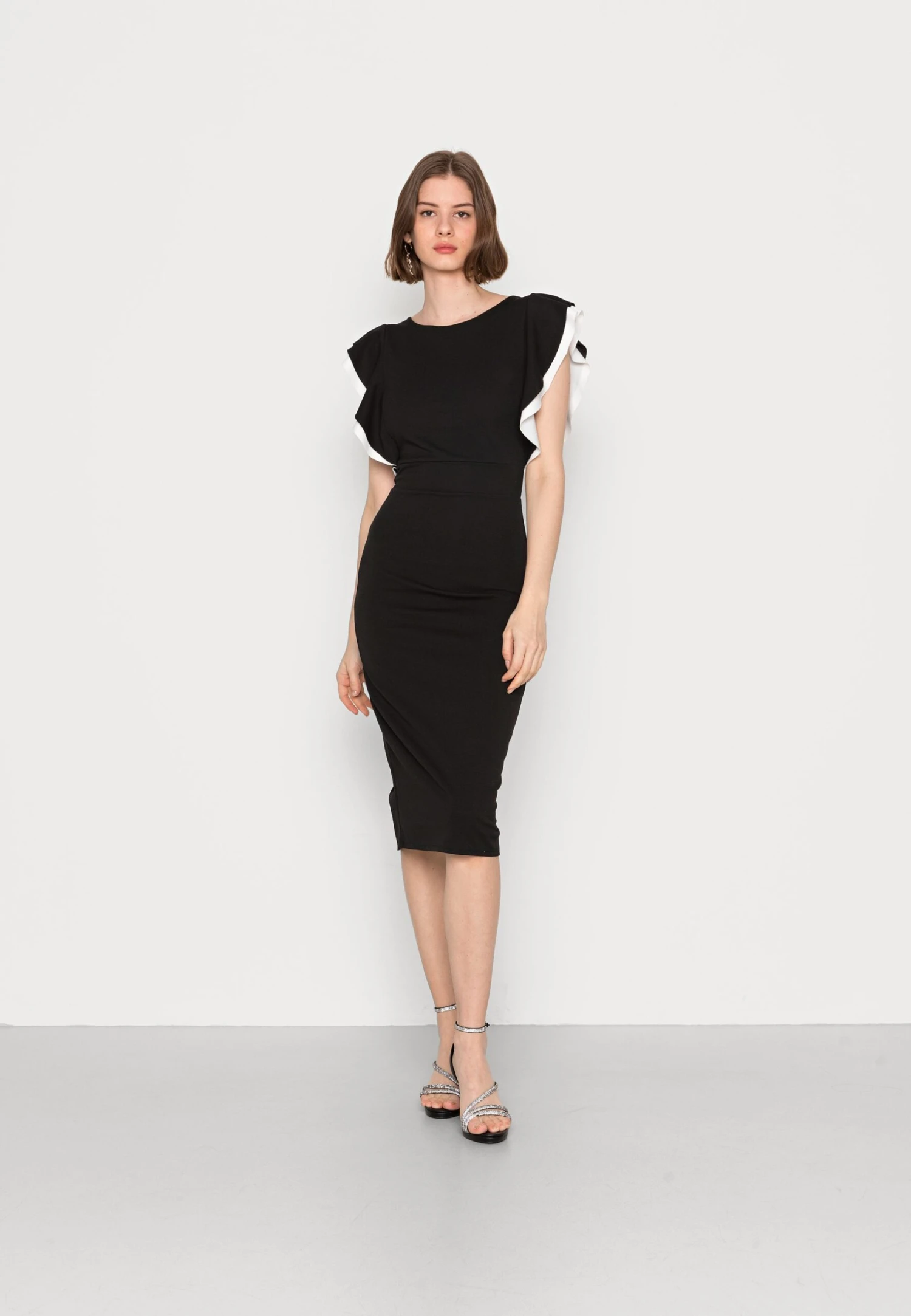Wal G Kelly Ruffle Sleeve Midi Dress - Cocktail Dress / Party Dress - Black/White 1 Wal G Kelly Ruffle Sleeve Midi Dress - Cocktail Dress / Party Dress - Black/White