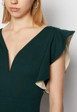 Wal G V Neck Ruffle Sleeve Midi Dress - Cocktail Dress / Party Dress - Forest Green/Beige -Wal G 7c31822658b946d1b291f47426202bc2