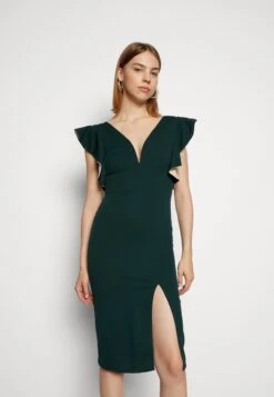 Wal G V Neck Ruffle Sleeve Midi Dress - Cocktail Dress / Party Dress - Forest Green/Beige -Wal G a20c46bafdf94bf785e96c31b831af6f