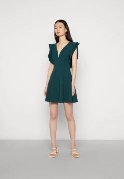 Wal G Lucia V Neck Frill Sleeve Skater Dress - Cocktail Dress / Party Dress - Forest Green