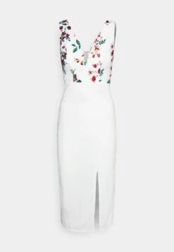 Embroidered V Neck Rose Midi - Day Dress - White Floral -Wal G dc6fcfbd56704b0196867f71f19f505e