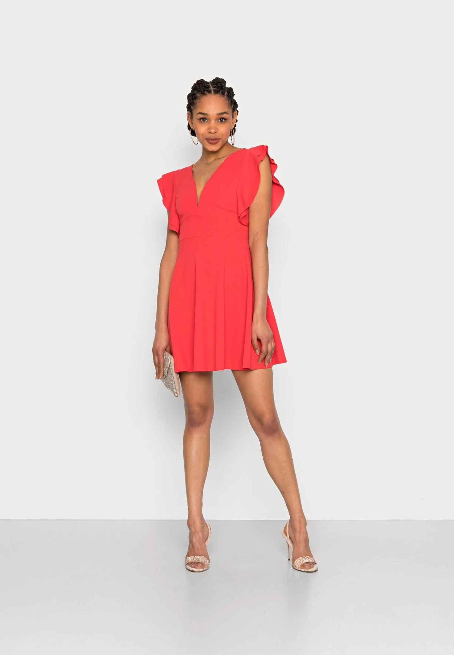 Wal G Lucia V Neck Frill Sleeve Skater Dress - Cocktail Dress / Party Dress - Coral 2 Wal G Lucia V Neck Frill Sleeve Skater Dress - Cocktail Dress / Party Dress - Coral - Image 2