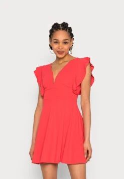 Wal G Lucia V Neck Frill Sleeve Skater Dress - Cocktail Dress / Party Dress - Coral